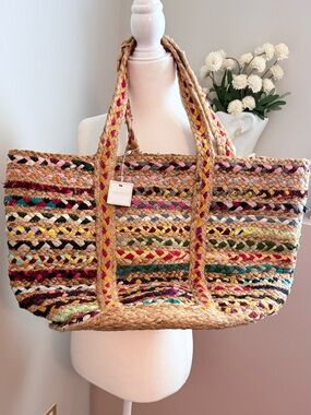 Braided Rainbow Multicolor Straw Travel Beach Summer Vacation Large Tote Bag